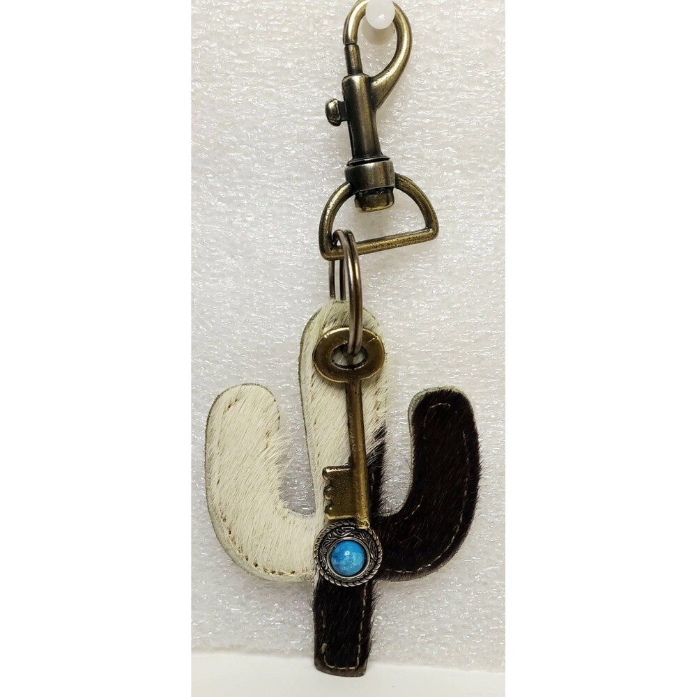 Western Hair on Hide Cowhide Cactus Keychain Key Fob Purse Charm Skeleton Key